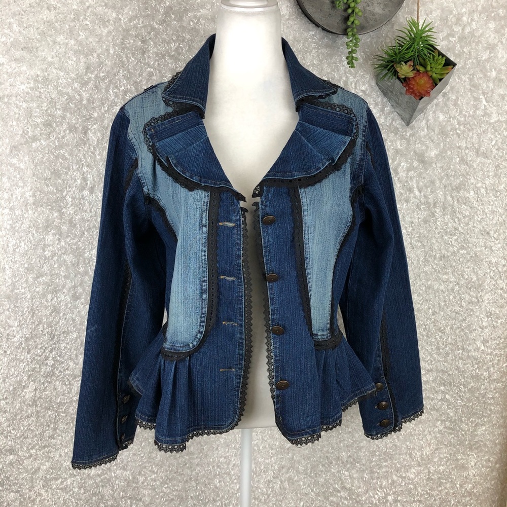 The Pyramid Collection Two-Tone Blue Denim Peplum Jacket with Ruffle Collar - Picture 5 of 9